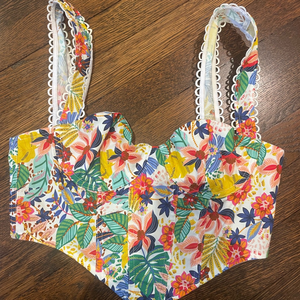 Floral Print Bustier with Lace Trim